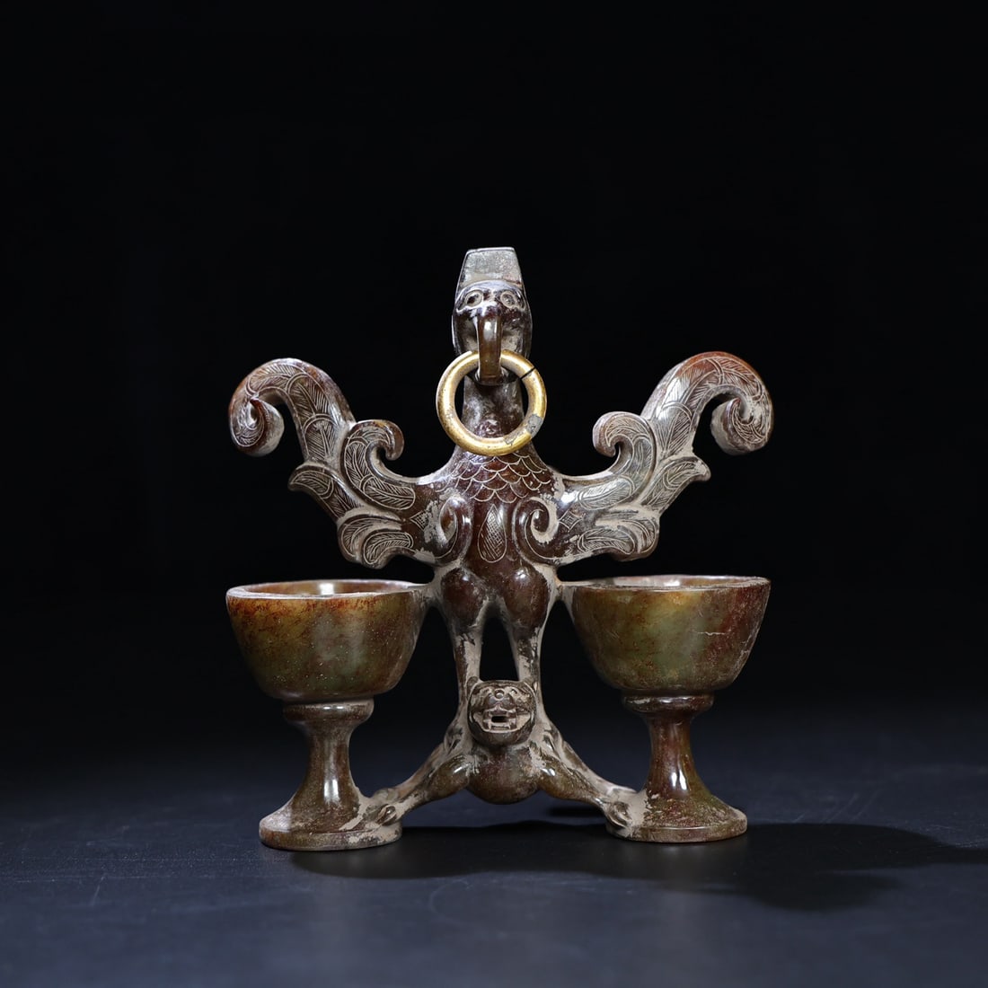 A Chinese Carved Jade Bird with Ring Handle Double-Cup (1 of 9)