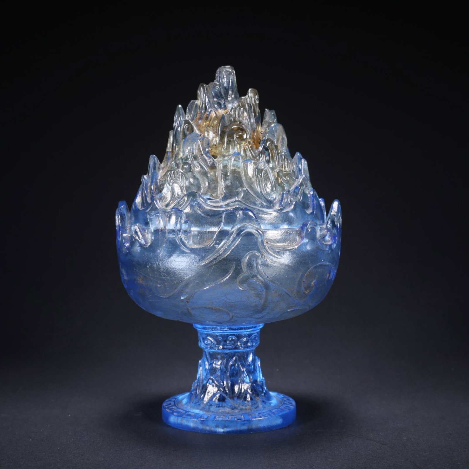 A Chinese Carved Blue Rock Crystal Incense Burner: A Chinese Carved Blue Rock Crystal Incense Burner. Wd. 9cm, Ht. 14cm, Wt. 399g