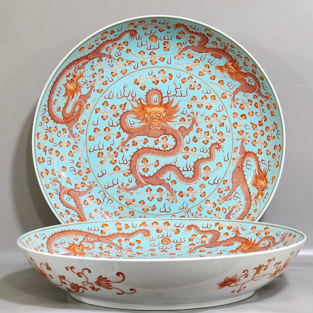 A Pair of Chinese Turquoise-Green Ground Iron-Red Glazed Porcelain Plates (1 of 9)