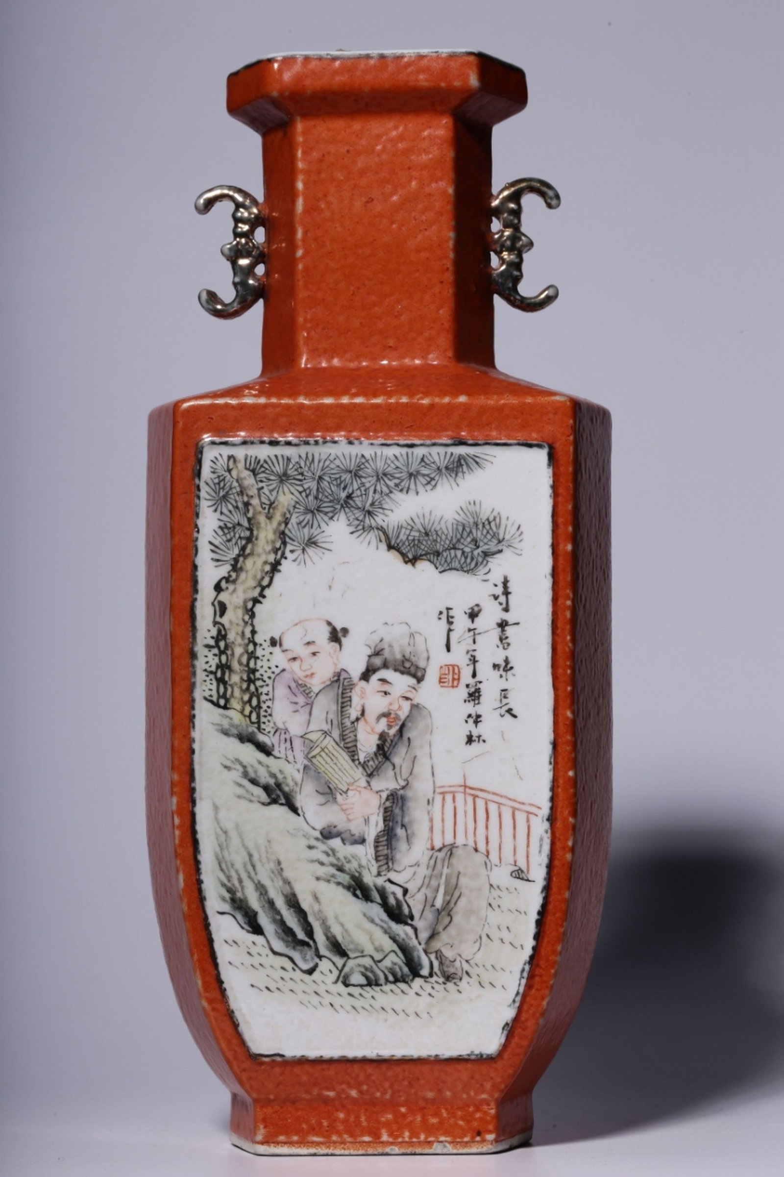 A Chinese Iron-Red Ground Famille-Rose Porcelain Hexagon Vase (1 of 7)