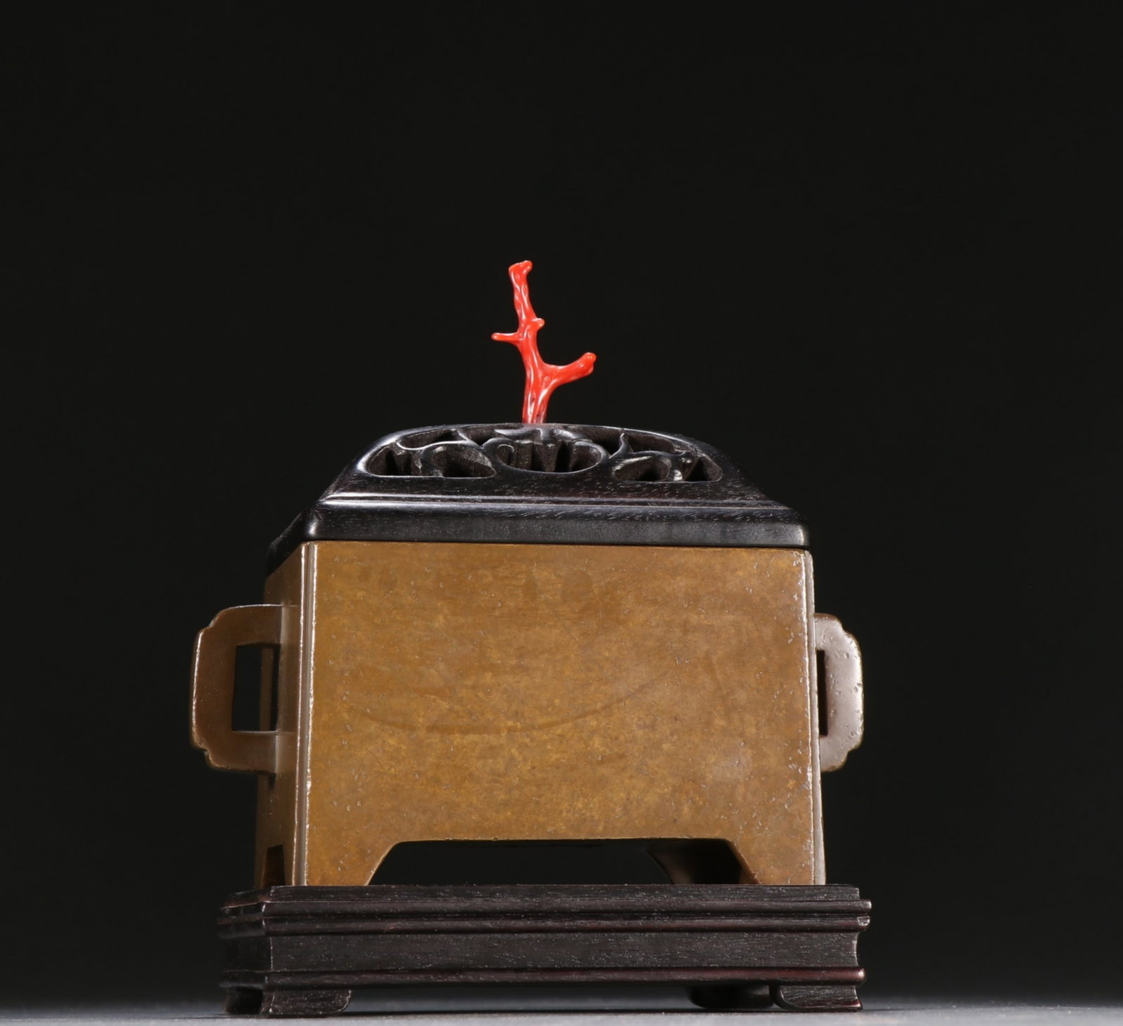 A Chinese Bronze Incense Burner with Carved Hardwood Lid and Stand (1 of 9)