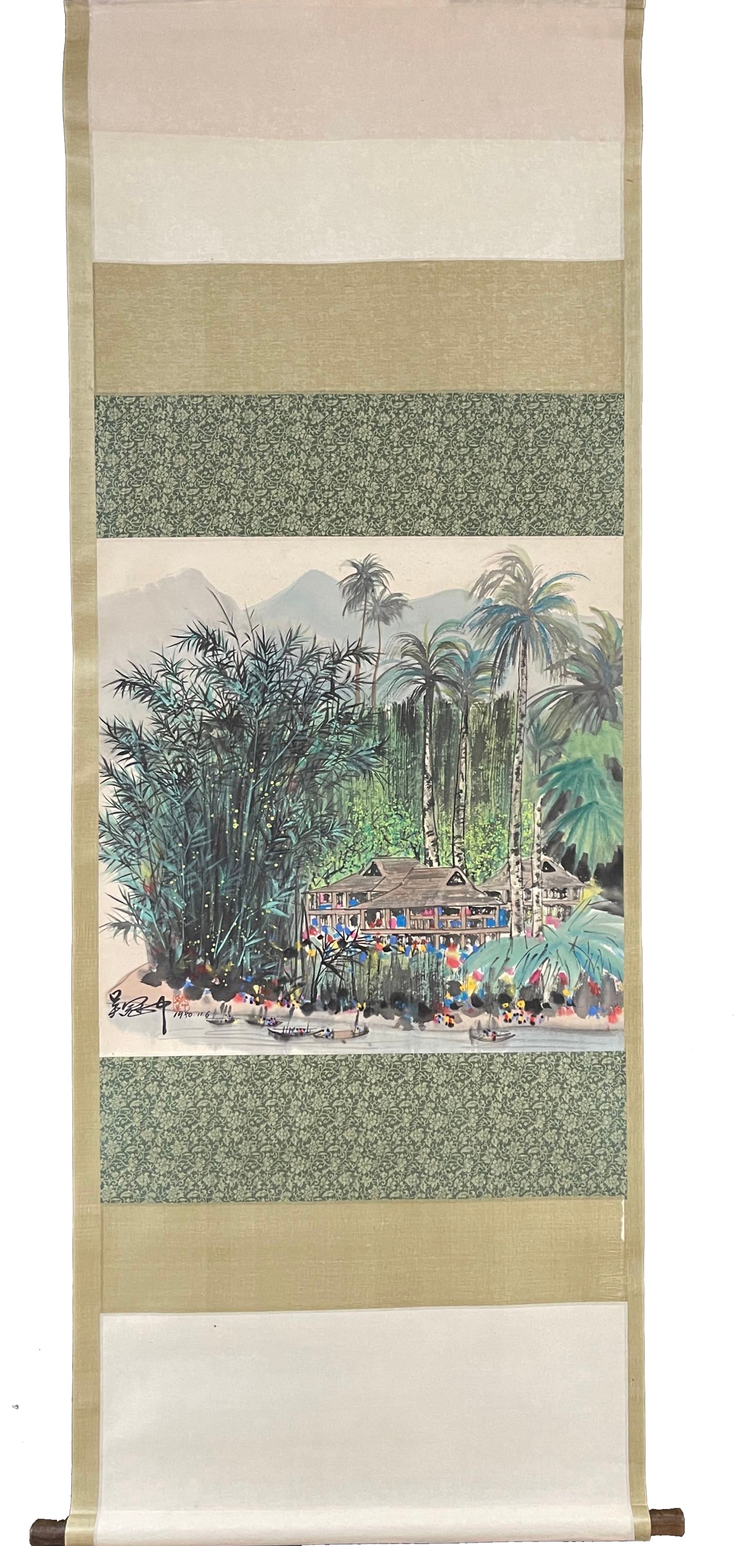 A Chinese Scroll Painting: A Chinese Scroll Painting. Lg. 68cm, Wd. 68cm