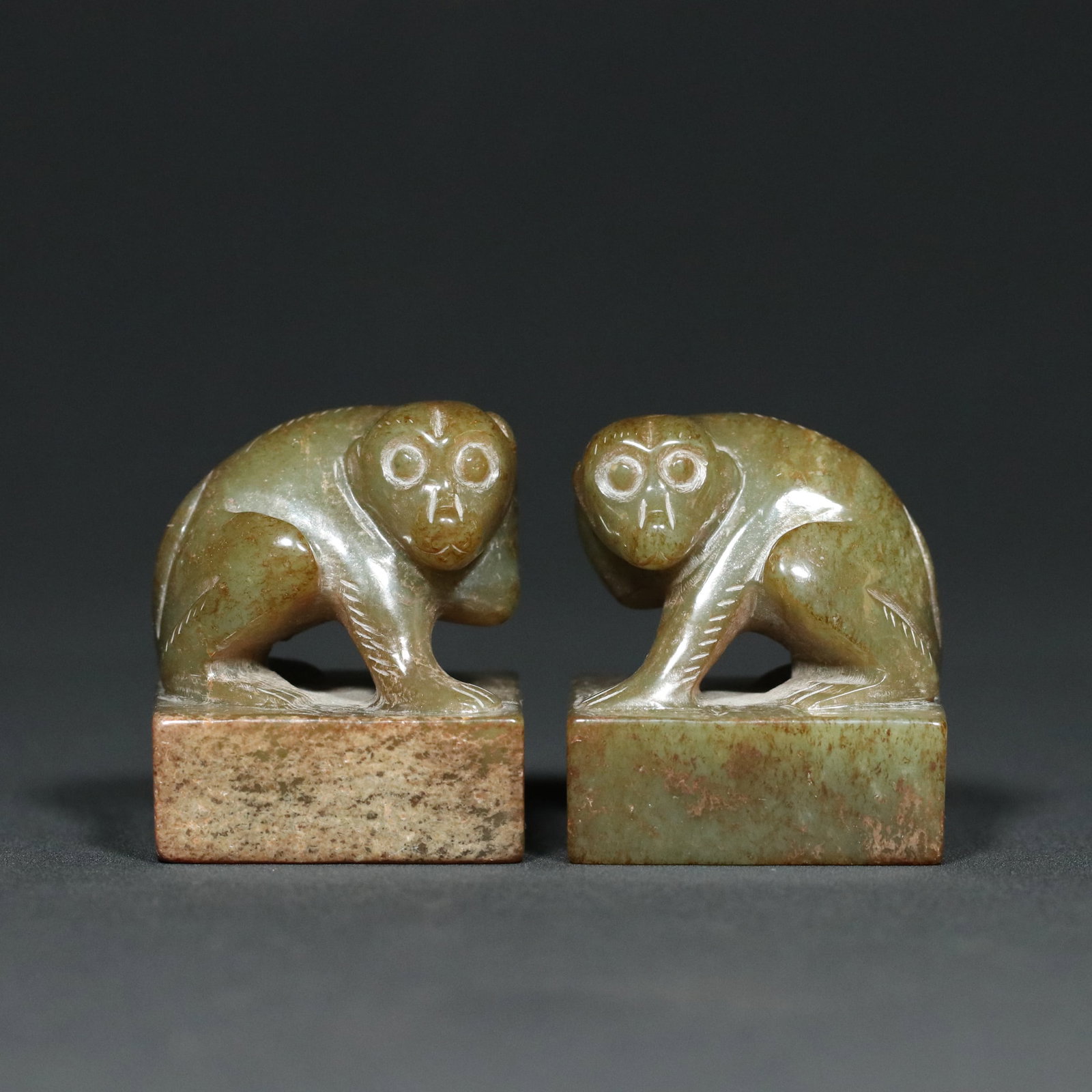 A Pair of Chinese Carved Jade Seals with Monkey Handle (1 of 9)