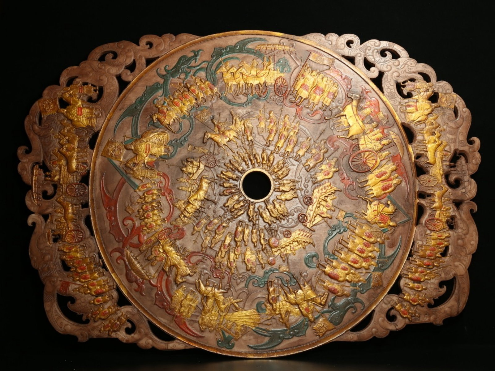 A Chinese Carved Gilt Jade Pendant: A Chinese Carved Gilt Jade Pendant. Lg. 84cm, Wd. 59.5cm, Th. 1cm, Wt. 11700g