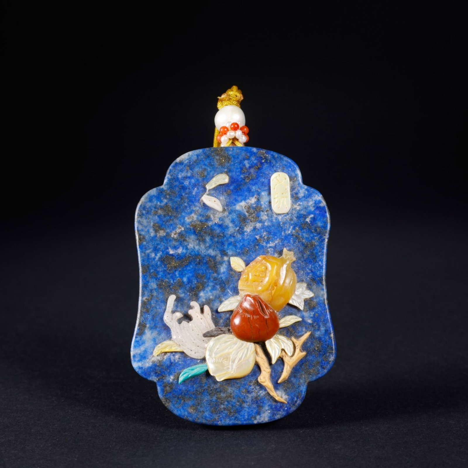 A Chinese Carved Lapis Lazuli Pendant with Hard-Stone Inlaid: A Chinese Carved Lapis Lazuli Pendant with Hard-Stone Inlaid. Lg. 6.6cm, Wd. 4.8cm, Th. 1.6cm, Wt. 62g