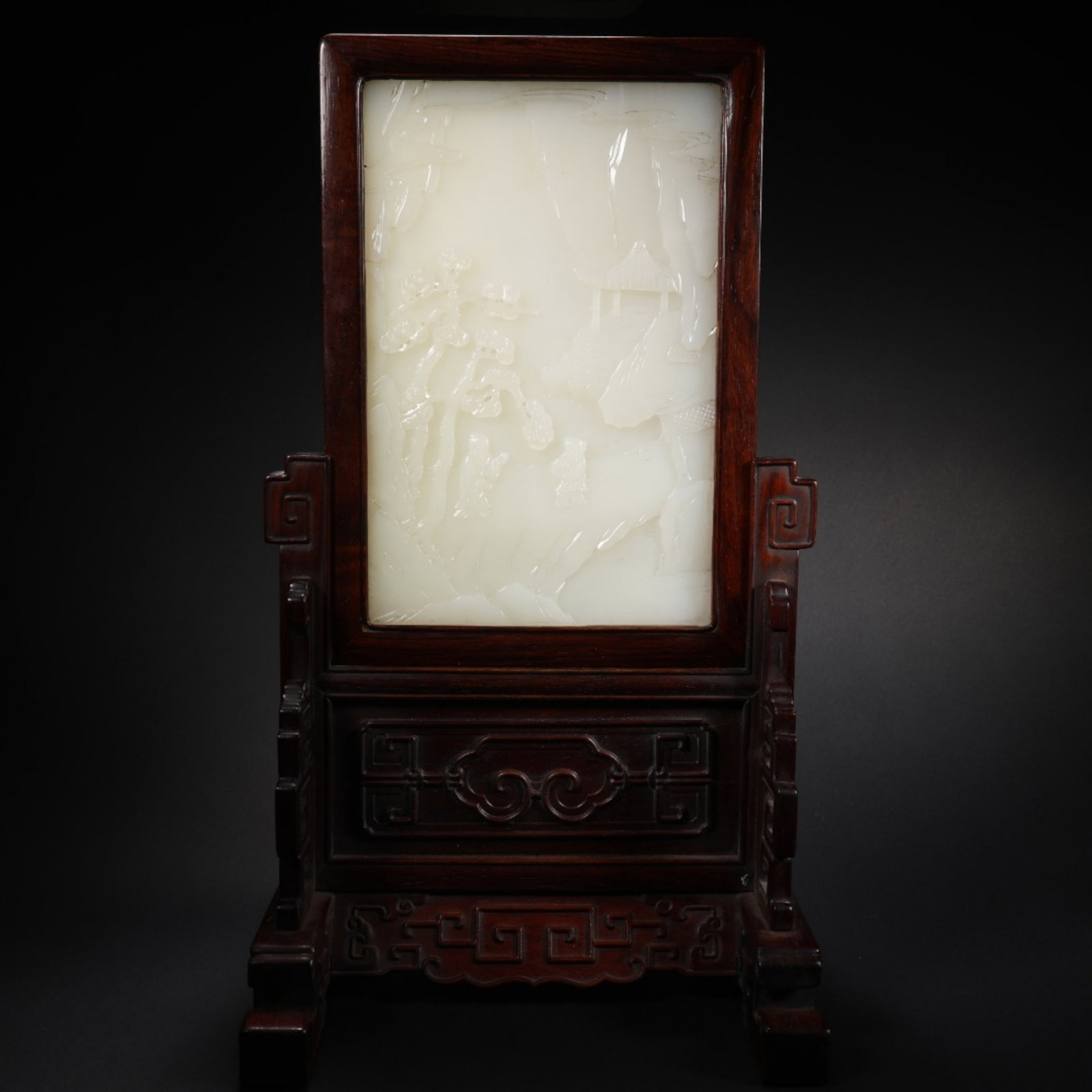 A Chinese Carved Jade Table Screen: A Chinese Carved Jade Table Screen. Lg. 14.5cm, Wd. 1.3cm, Ht. 20.8cm, Wt. 618g, In General, Ht. 32.8cm