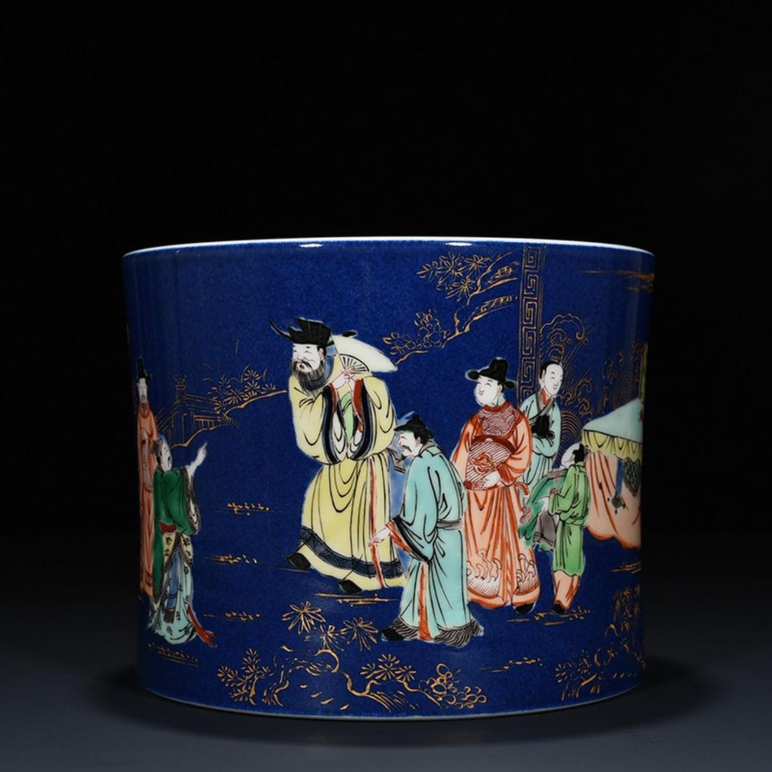 A Chinese Blue Ground Famille-Rose Porcelain Brush Pot: A Chinese Blue Ground Famille-Rose Porcelain Brush Pot. Ht. 15.5cm, Diam. 19.8cm