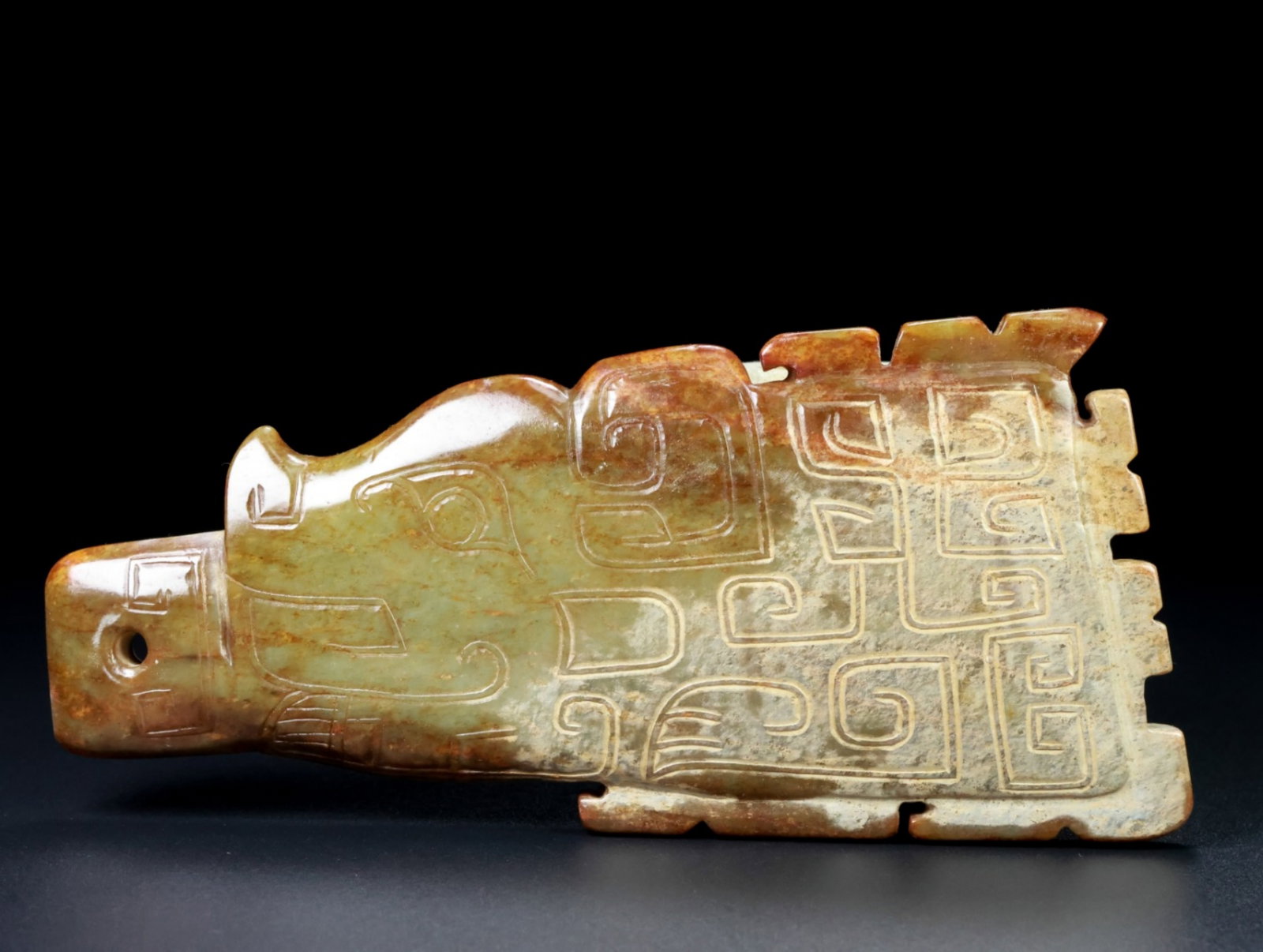 A Chinese Carved Jade Pendant: A Chinese Carved Jade Pendant. Wt. 405g, Lg. 17.8cm, Wd. 8.9cm, Th. 1.2cm