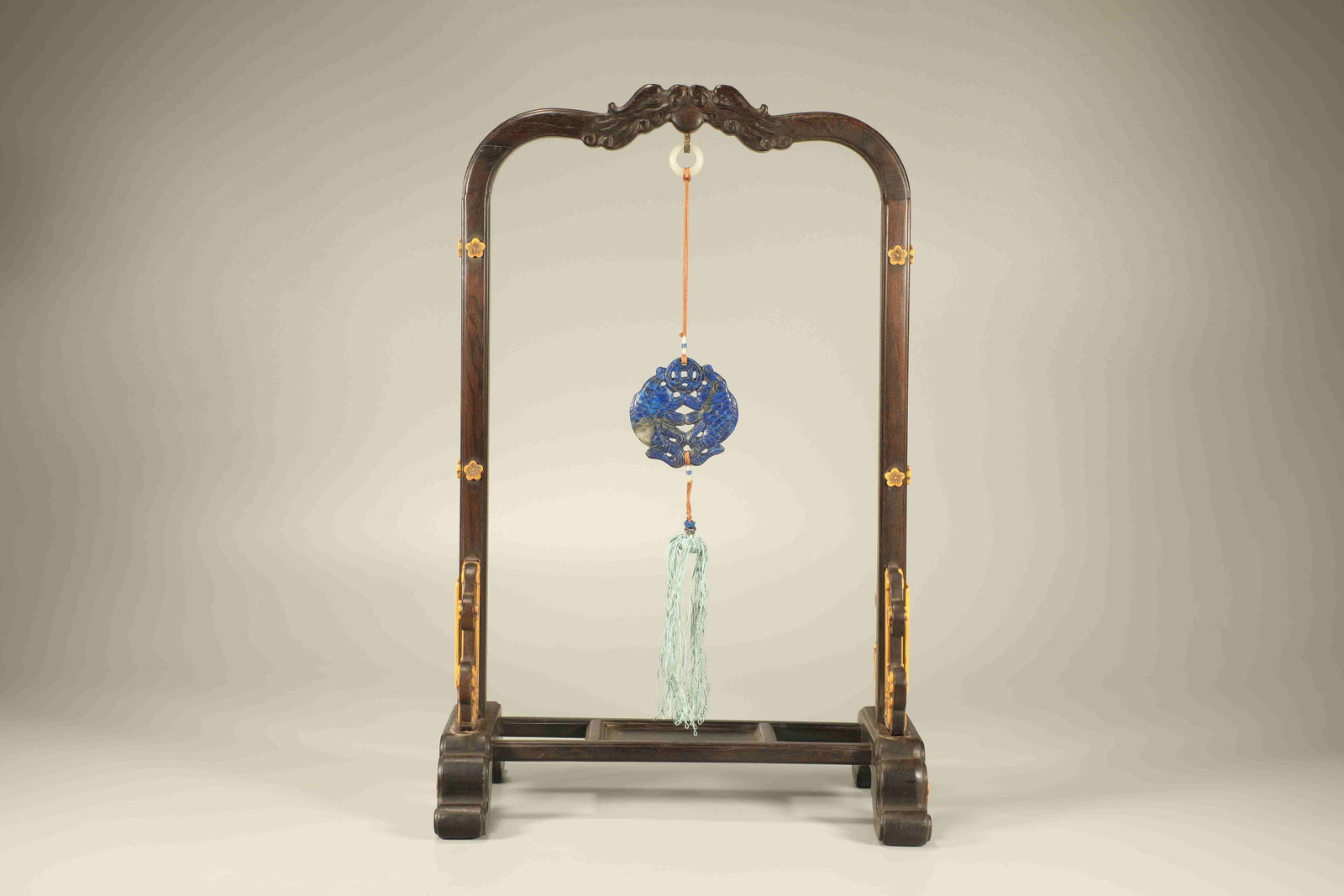 A Chinese Carved Lapis Lazuli Pendant with Hardwood Stand (1 of 6)