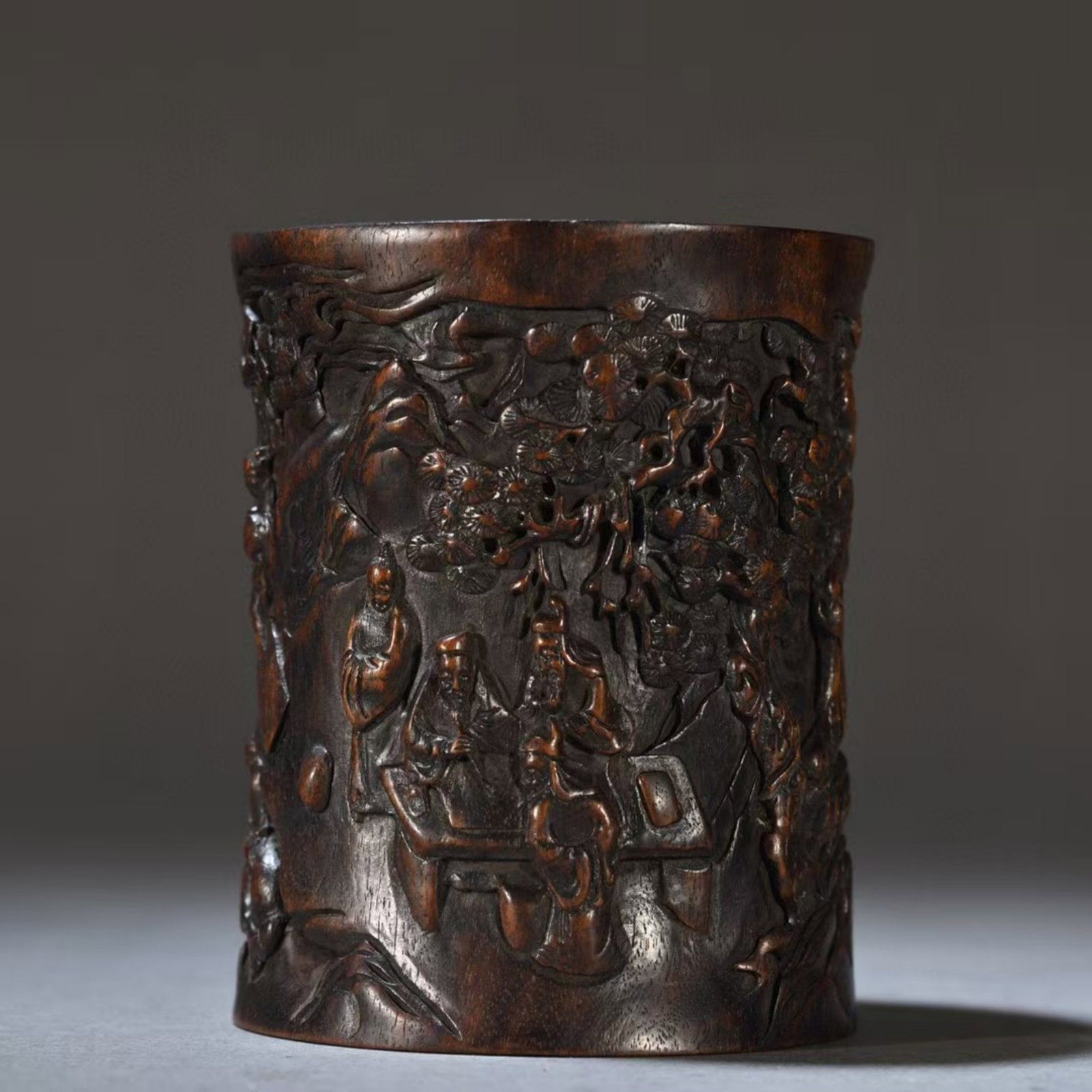 A Chinese Carved Hardwood Brush Pot (1 of 9)