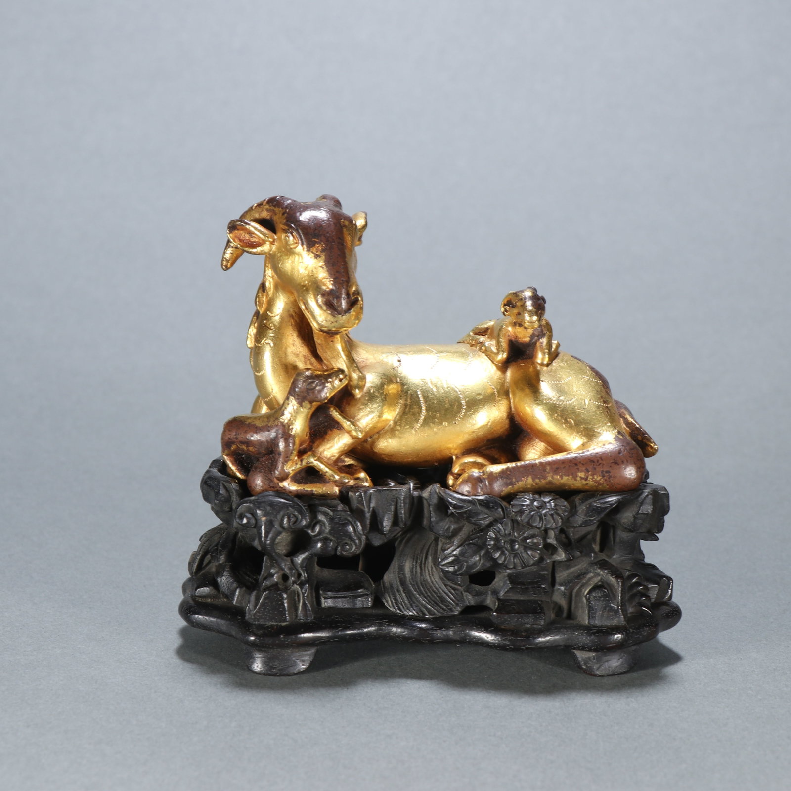 A Chinese Gilt Bronze Deer Statuette with Hardwood Stand (1 of 9)