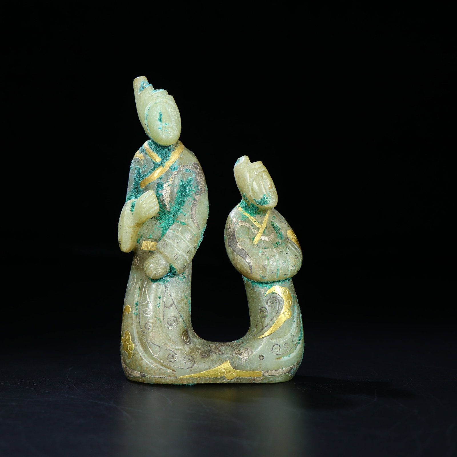 A Chinese Carved Jade Figures with Gold and Silver Inalid: A Chinese Carved Jade Figures with Gold and Silver Inalid. Ht. 12cm, Wd. 7.5cm, Th. 3cm, Wt. 271g