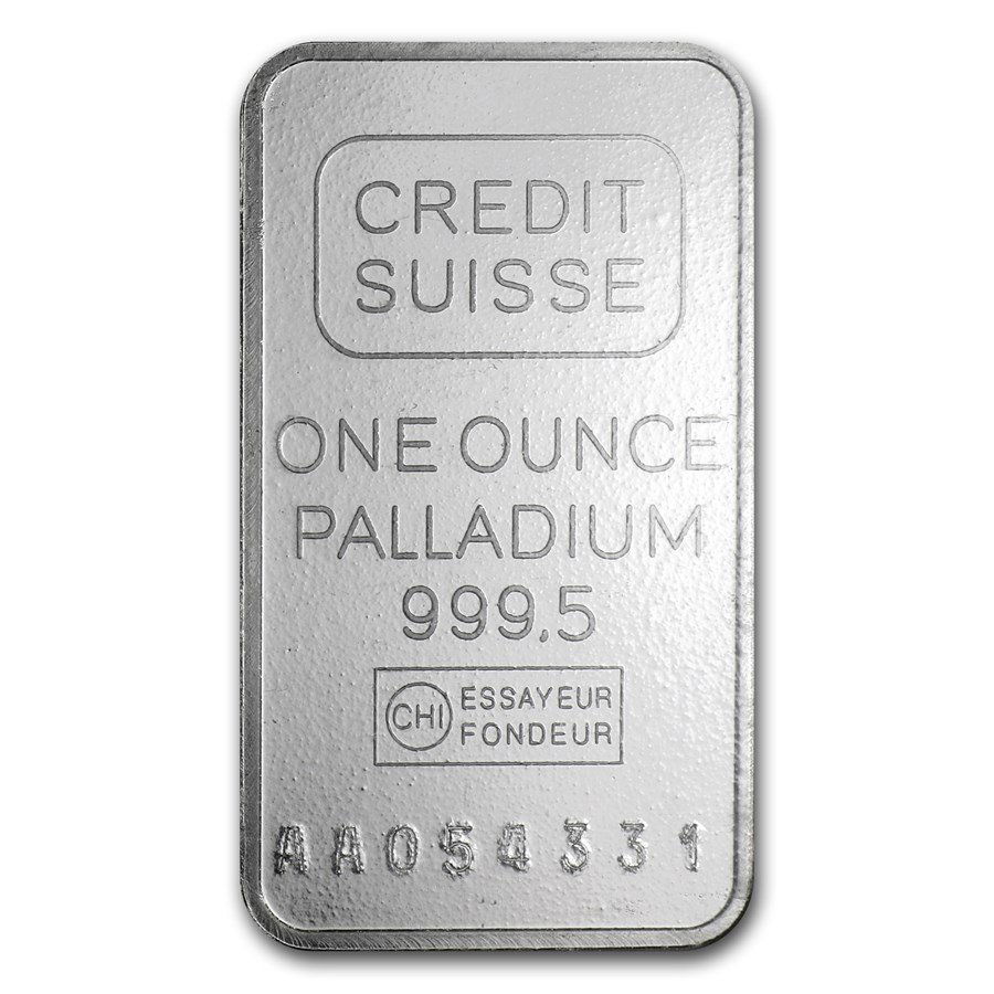 1 oz Palladium Bar - Credit Suisse: This 1 oz Palladium bar is guaranteed .9995 fine and features the Credit Suisse logo, making it an ideal choice for investors wanting to add Palladium to their Precious Metals portfolio. •Contains 1