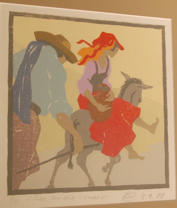 German artist, initials AE and dated 18/9/88, Col: German artist, initials AE and dated 18/9/88, Coloured woodblock print 6/10 of a women riding a donkey,