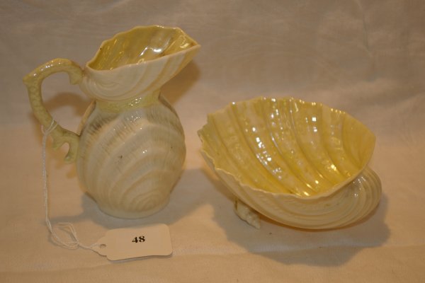 Belleek cream and sugar with green mark
