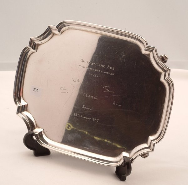 Sterling hallmarked Mappin & Webb footed tray, mea