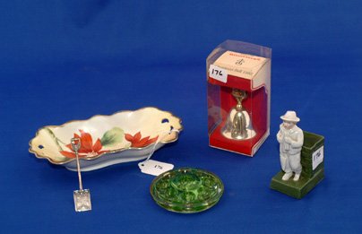 Floral Frog, a Hummel 1982 Christmas bell, figura: Floral Frog, a Hummel 1982 Christmas bell, figural pocket, Hand-painted Austrian Dish; and a sterling shovel