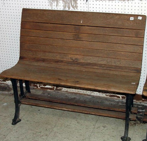 Early oak school bench with iron base