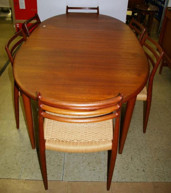 Teak Dining Set - 6 Chairs & Side Board: JJ Moller signed teak dining set made in Demark, includes table with 2 leaves, 6 chairs and side board