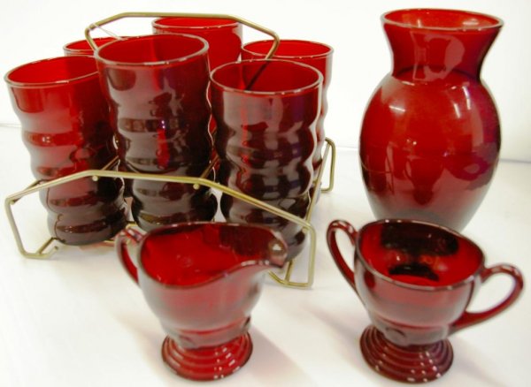 Collection Of Ruby Glass Tumblers: Set Of 6 Tumblers, Cream & Sugar, And Etched Vase