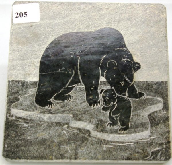 Stone Tile With Etching Of A Bear And Cub