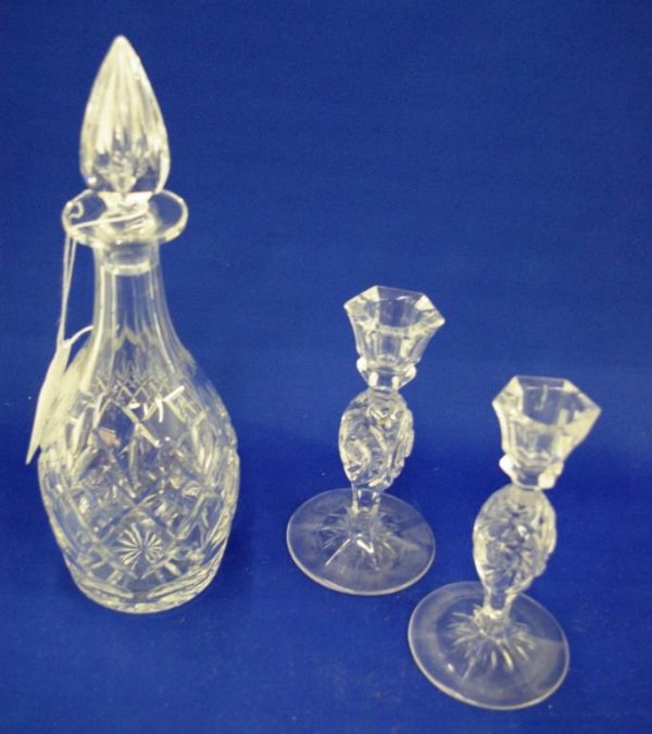 Cut Crystal Decanter, Pair Of Crystal Candlesticks