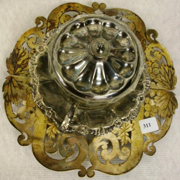 Pairpoint Silver Plated Expanding Trivet: And A Lidded Meriden Jam Pot With Under Tray