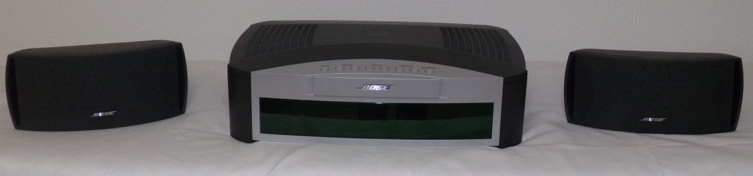 Bose Media Center: Bose Model AV 3-2-1 Media Center, serial #027748C13145148AZ, 3¾” T X 13¼” W x 9¾” D, w/remote control & 2 small speakers; AND Bose Model PS3-2-1 Acousticmass Module Powered speaker system, se
