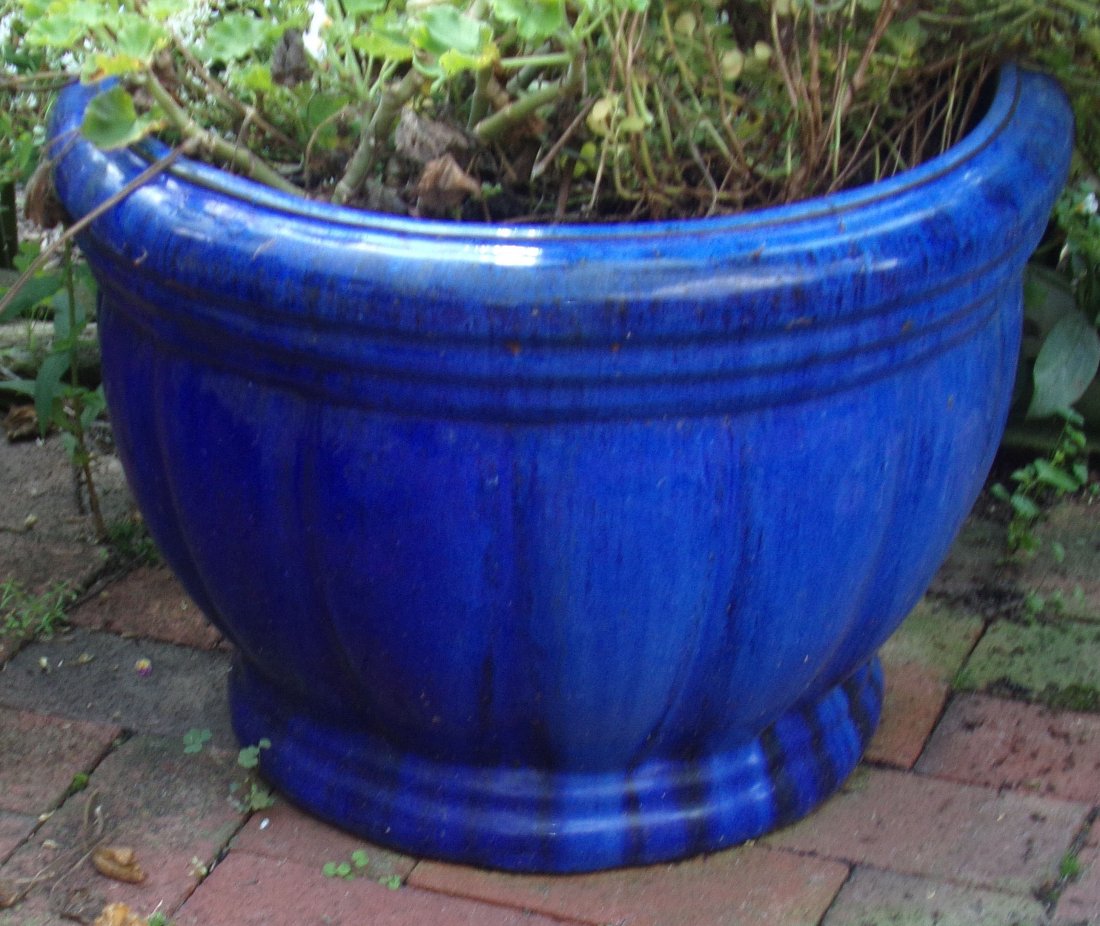 Melon Form Flower Pots: Pair of modern pottery melon form flower pots/urns, blue glaze; each approx. 15” T x 20¾” top diameter
