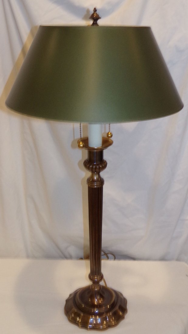 Table Lamp: Brass column form table lamp marked Frederick Cooper, Chicago w/a green shade, approx. 30" T x 6 3/4" base diameter