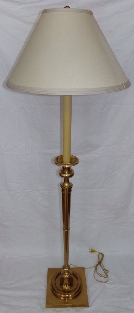 Standing Brass Lamp: Brass candlestick column form standing lamp on square base by Frederick Cooper, approx. 5'1 1/2" T x 10" square