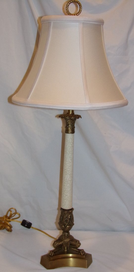 Candlestick Form Table Lamp: Candlestick form table lamp in brass w/3 legs ending on paw feet having a faux marble white column w/"allegatored" finish & white linen shade, made by Frederick Cooper, Chicago, 29" T