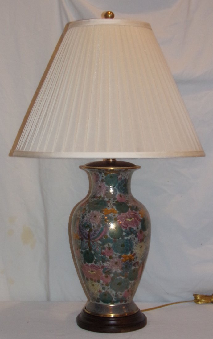 Asian Style Ceramic Table Lamp: Modern Asian style ceramic urn form table lamp w/butterfly & floral design on a round wooden base w/white linen shade marked Frederick Cooper Lamps, 31 3/4" T