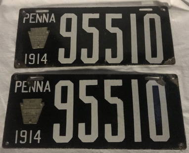 Pair of Vintage PA License Plates-1914: Pair of vintage Pennsylvania enamel on metal license plates, black & white, dated 1914, #95510 w/Keystone emblems, marked on back-Brilliant Mfg. Co., 1035 Ridge Ave., Philadelphia, PA, each 6” T x