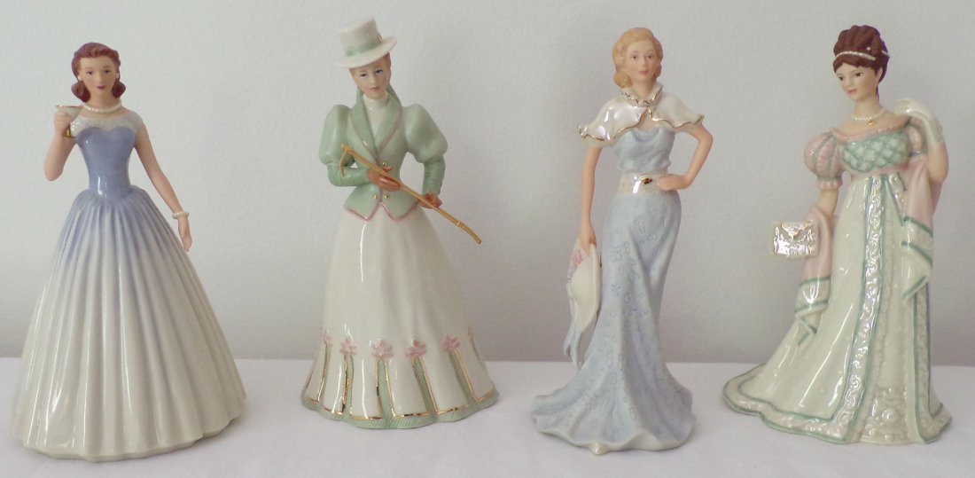 Grouping of Lenox Lady Figurines: Grouping of 4 Lenox lady figurines including Cocktail Talk, 5 3/4" T (China); Hamshire Hunt, 6 1/2" (China); A Day in the Country, 6 1/8" T (w/paper label-China); Inviting Glance, 6 1/8" T (China)
