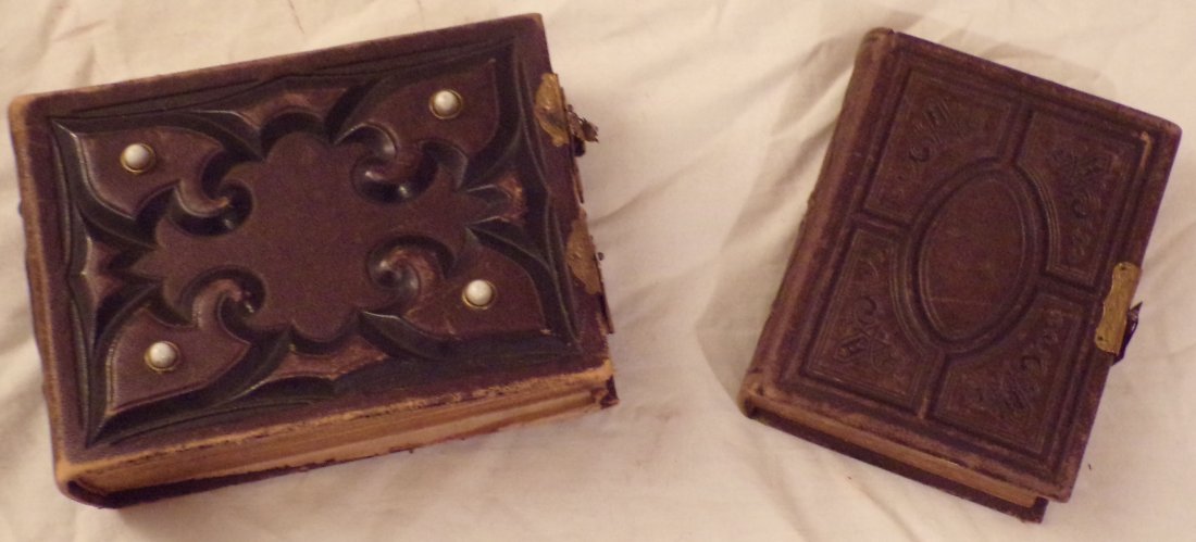 2 Victorian Leather Bound Photo Albums: 2 Victorian leather bound photo albums both filled w/numerous photographs young & older adults, children, various family names identified in pencil under photographs including Hobson, Whitson, Way, Sw