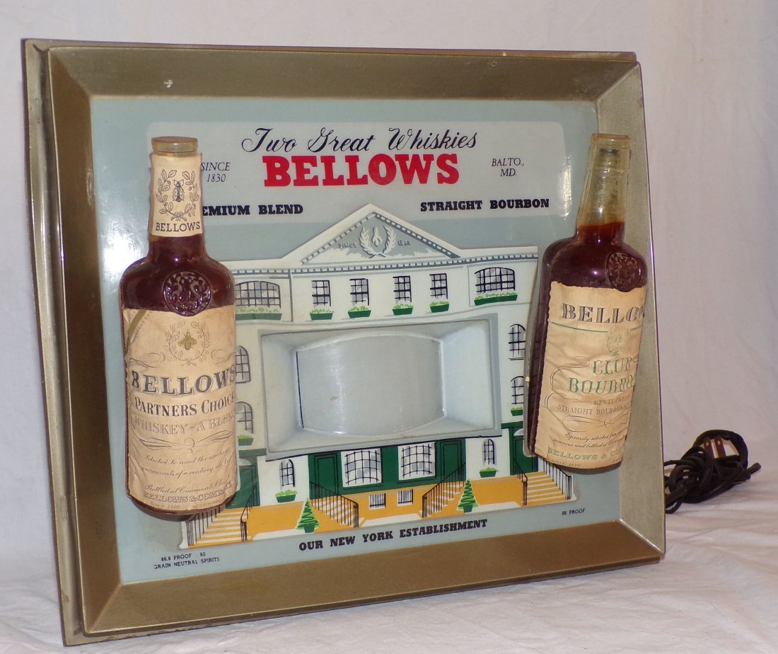 Vintage Advertising Display - Bellow Whiskey: Vintage plastic & cardboard lighted liquor advertising display for Bellows Whiskey, Partner’s Choice & Club Bourbon, electric cord in poor condition, and needs to be replaced, Made by L.A. Goodman M