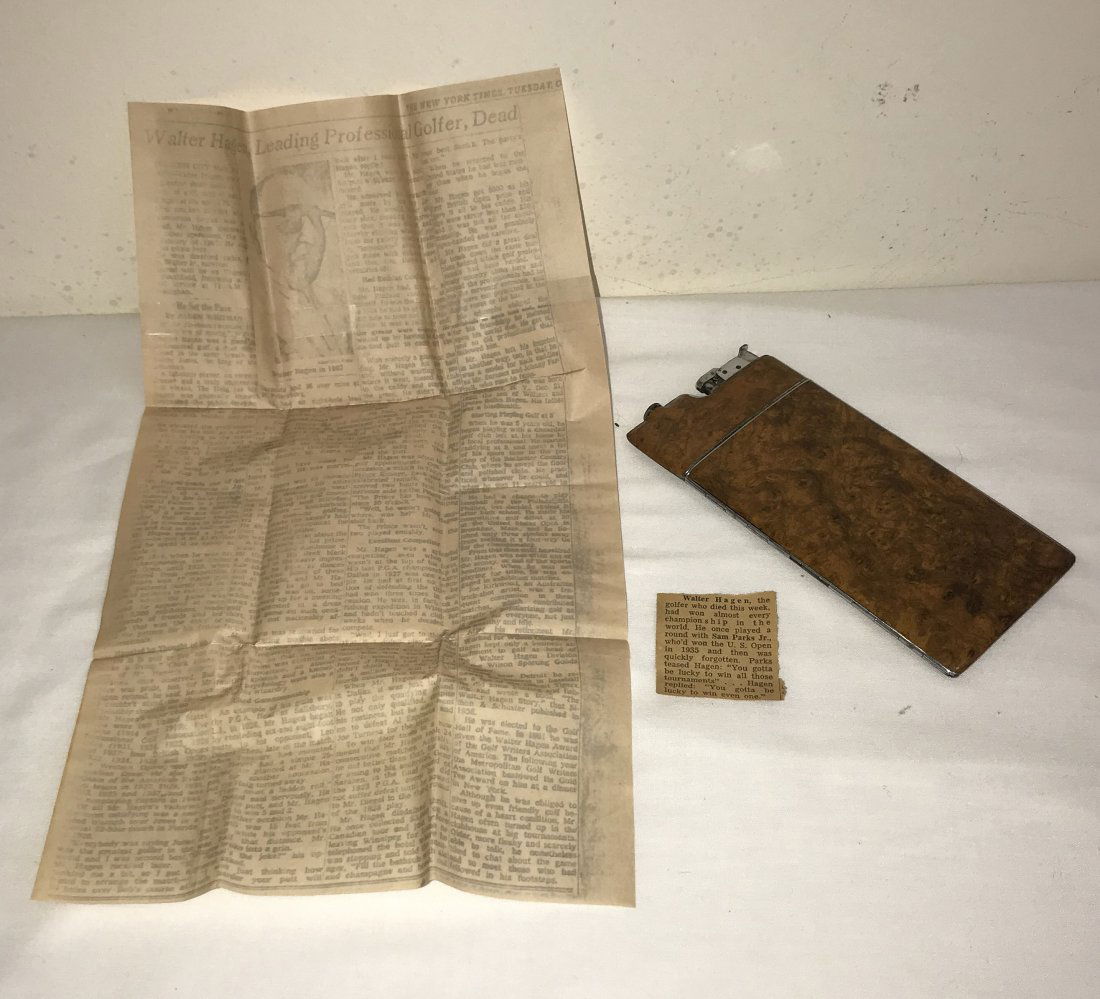 Souvenir Cigarette Case/Lighter: Souvenir cigarette case/lighter by Evans, hinged lid opens to an interior, lid marked on underside, Nation Open Baltusrol-1936, accompanied by several old newspaper clippings about golfer Walter Hagen