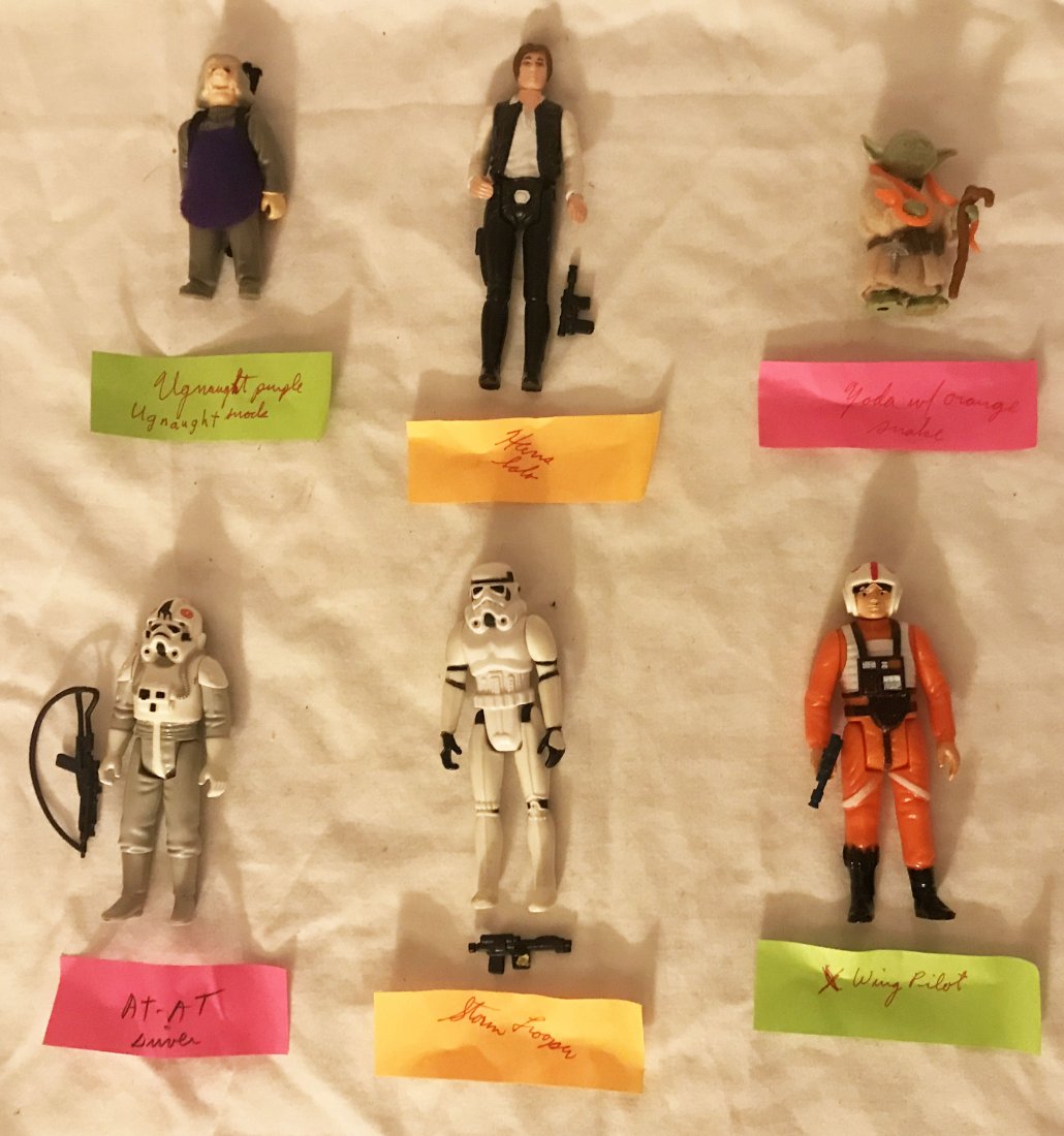 (6) Star War Figures: (6) Star Wars Figures by Kenner, 1977/78, vary in sizes: Storm Trooper; At-At Driver; X-Wing Pilot; Hans Solo; Ugnaught Purple Smock; Yoda w/orange snake; good condition