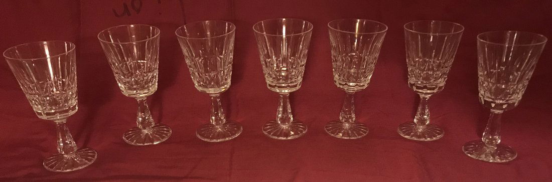 Waterford Crystal Stemware: Set of 7 matching Waterford crystal stemware goblets, each 6 ¾” T x 3 ½” top diameter (plus 2 additional matching goblets w/rim and base chips-not photographed) AND 4 matching Waterford crystal