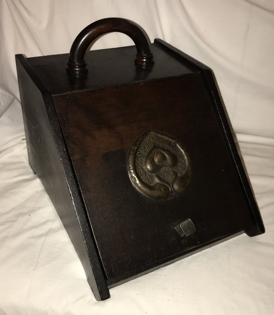 Early 20th C Coal Hod: Early 20th century hardwood coal hod w/top handle and slant lid w/hand hammered/hand chased metal Arts & Crafts style emblem and knob handle, interior removable metal bucket, old finish w/normal wear