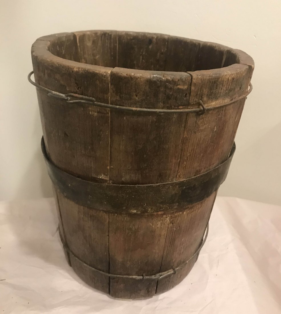 FURNITURE, ACCESSORIES, COUNTRY COLLECTIBLES, TOYS,: Antique primitive country wooden measure with one steel and 2 wire staves, stamped #1887, staves are loose, 10” T x 8 ½” diameter