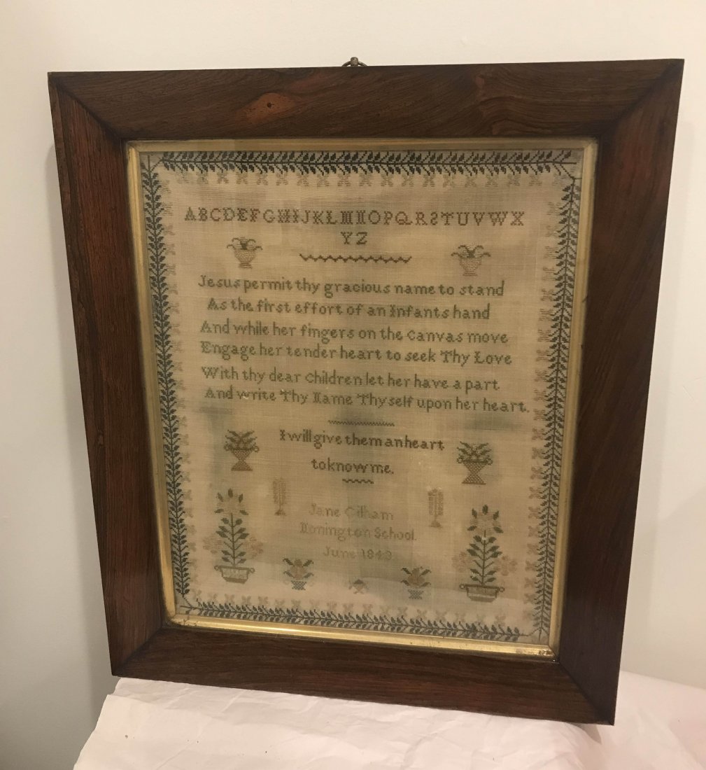 FURNITURE, ACCESSORIES, COUNTRY COLLECTIBLES, TOYS,: 19th century framed alphabet sampler with religious verse by Jane Gilham, Donington School, June, 1843, 15 ½” x 12”; frame 19” x 16 1/8”