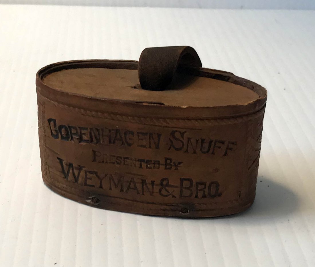 FURNITURE, ACCESSORIES, COUNTRY COLLECTIBLES, TOYS,: Antique oval snuff box, lid w/leather tab marked "Copenhagen Snuff Presented By Weyman & Bro.", wooden case w/tooled leather covering, some chips, nicks and deterioration on leather, curved line where