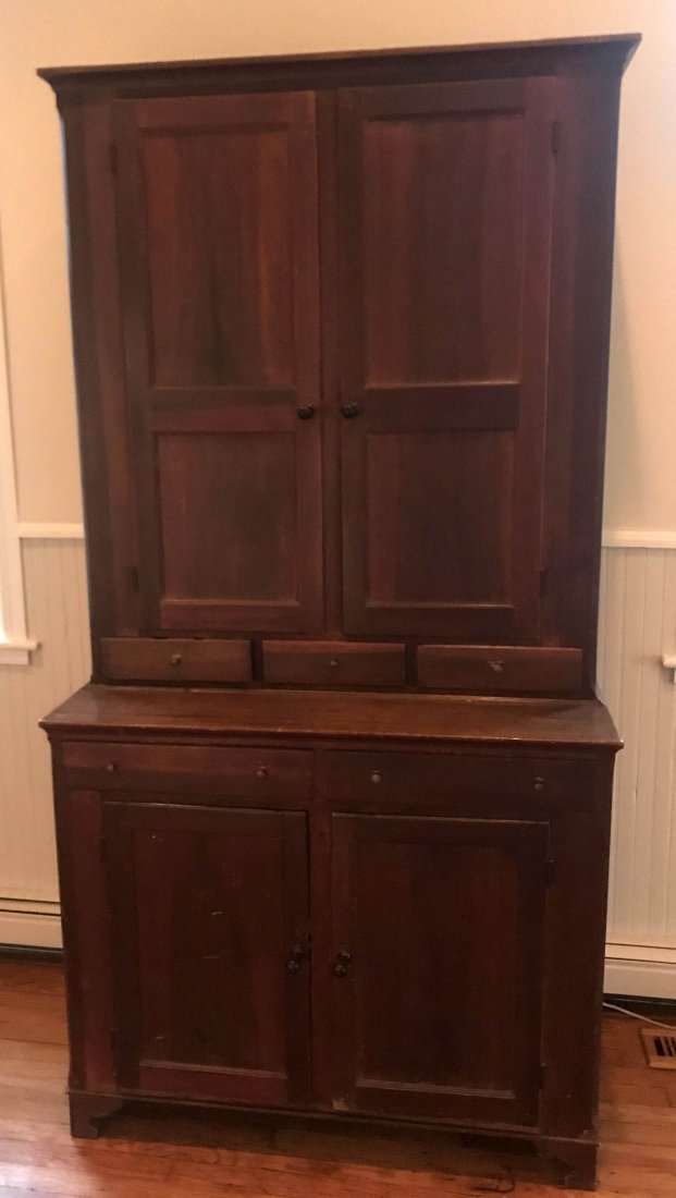 FURNITURE, ACCESSORIES, COUNTRY COLLECTIBLES, TOYS,: 19th century country stepback cupboard in 2 pieces, top having a molded cornice over 2 blind doors w/recessed panels and 3 third width drawers, base w/2 half width drawers over 2 blind doors w/recesse