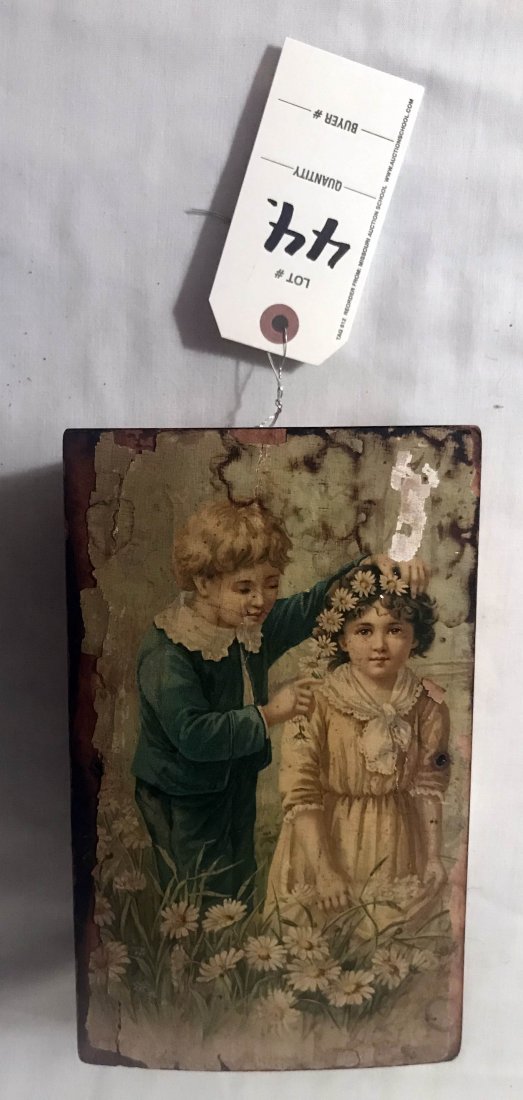 FURNITURE, ACCESSORIES, COUNTRY COLLECTIBLES, TOYS,: Victorian era wooden music box w/decal on top of young boy and girl w/significant loss of decal around corners, crank mechanism, paper label on base reads" II Aires, Marilyn My Marilyn Dixies' Land No