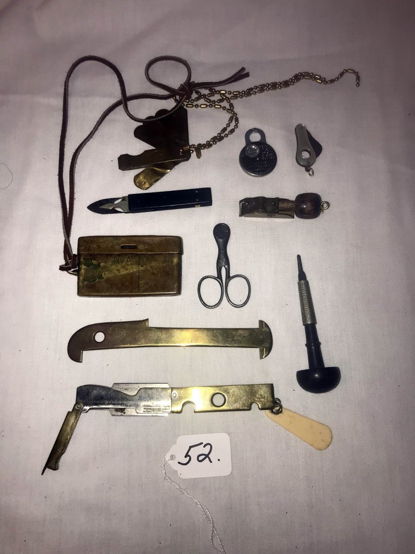 FURNITURE, ACCESSORIES, COUNTRY COLLECTIBLES, TOYS,: Grouping of (8) tools/cigar cutters: carving tool marked Ezra F. Bowman & Co.; miniature brass wood frame; brass cutting device marked 3 3/16th - DMR; (4) cigar cutters; small bleeding tool w/wood han