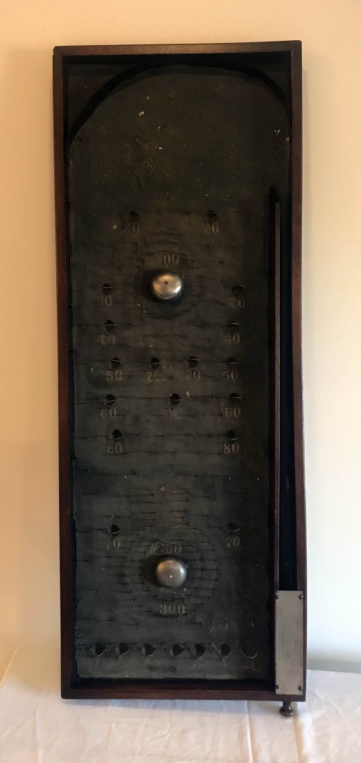 FURNITURE, ACCESSORIES, COUNTRY COLLECTIBLES, TOYS,: Vintage Victorian pinball game w/rectangular walnut molded frame, red interior surface w/numerals, metal pins, hoops and 2 bells, no ball, marked on brass plate M. Redgrave's Parlor Bagatelle Table, J