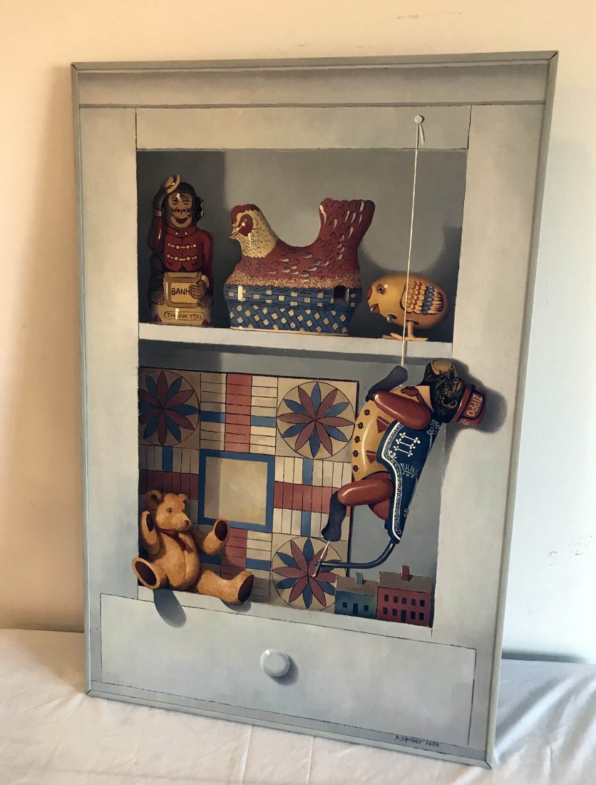 FURNITURE, ACCESSORIES, COUNTRY COLLECTIBLES, TOYS,: Still life oil painting on canvas laid down on masonite, toys and games displayed on a shelf, modern metal frame, signed lower right D. Spilner, 1985, dimensions w/frame-33 3/8" x 22 1/4"