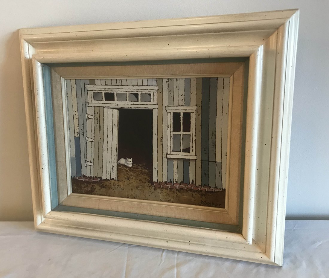 FURNITURE, ACCESSORIES, COUNTRY COLLECTIBLES, TOYS,: Still life oil painting on board, scene of a cat at a barn door opening, signed lower right D. spilner, mounted in a modern molded frame painted egg shell, white and blue, 9" x 12"; frame 16" x 19"